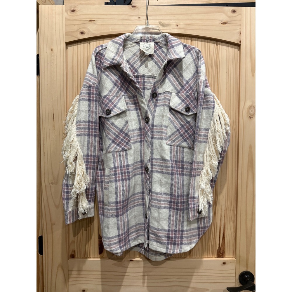 Fantastic Fawn Plaid Fringe Shacket Women Large Purple Cream Western Boho Jacket